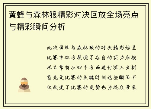黄蜂与森林狼精彩对决回放全场亮点与精彩瞬间分析